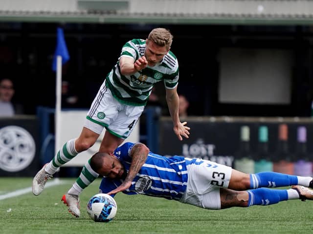 Kilmarnock forward Kyle Vassell falls under the challenge of Celtic's Carl Starfelt during the 4-1 defeat at Rugby Park.