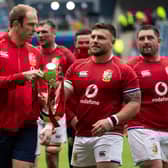 Injured British & Irish Lions captain Alun Wyn-Jones, left, with prop Rory Sutherland after the win over Japan at Murrayfield. Picture: Paul Devlin/SNS