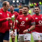 Injured British & Irish Lions captain Alun Wyn-Jones, left, with prop Rory Sutherland after the win over Japan at Murrayfield. Picture: Paul Devlin/SNS