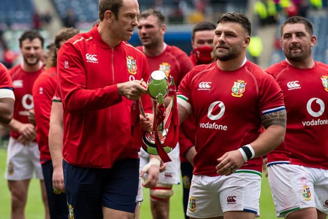 Injured British & Irish Lions captain Alun Wyn-Jones, left, with prop Rory Sutherland after the win over Japan at Murrayfield. Picture: Paul Devlin/SNS
