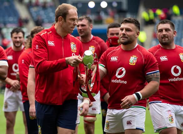 Injured British & Irish Lions captain Alun Wyn-Jones, left, with prop Rory Sutherland after the win over Japan at Murrayfield. Picture: Paul Devlin/SNS