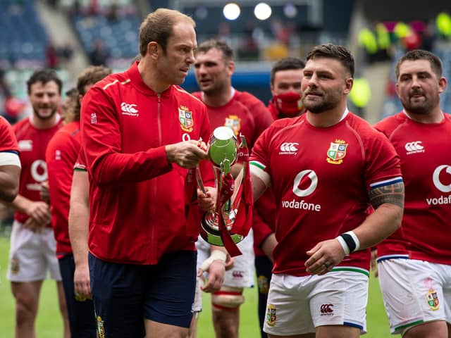 Injured British & Irish Lions captain Alun Wyn-Jones, left, with prop Rory Sutherland after the win over Japan at Murrayfield. Picture: Paul Devlin/SNS