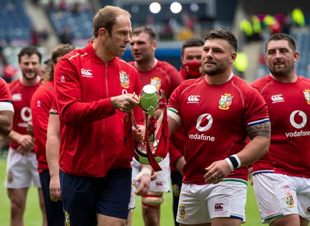 Injured British & Irish Lions captain Alun Wyn-Jones, left, with prop Rory Sutherland after the win over Japan at Murrayfield. Picture: Paul Devlin/SNS