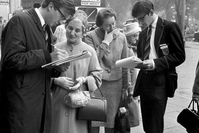 Senior boys from Daniel Stewart's school are pictured interviewing shoppers as part of a project in 1966.