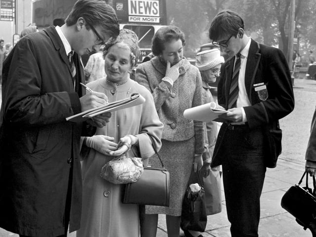 Senior boys from Daniel Stewart's school are pictured interviewing shoppers as part of a project in 1966.