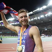 Josh Kerr celebrates winning gold in the Men's 1500m Final during the 2023 World Athletics Championships in Budapest on August 23. (Photo by Michael Steele/Getty Images)