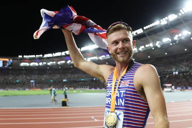 Josh Kerr celebrates winning gold in the Men's 1500m Final during the 2023 World Athletics Championships in Budapest on August 23. (Photo by Michael Steele/Getty Images)