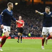 Scott McTominay celebrates making it 2-0 during a UEFA Euro 2024 Qualifier between Scotland and Cyprus at Hampden Park, on March 25, 2023, in Glasgow, Scotland. (Photo by Rob Casey / SNS Group)