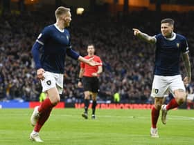 Scott McTominay celebrates making it 2-0 during a UEFA Euro 2024 Qualifier between Scotland and Cyprus at Hampden Park, on March 25, 2023, in Glasgow, Scotland. (Photo by Rob Casey / SNS Group)