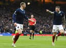 Scott McTominay celebrates making it 2-0 during a UEFA Euro 2024 Qualifier between Scotland and Cyprus at Hampden Park, on March 25, 2023, in Glasgow, Scotland. (Photo by Rob Casey / SNS Group)