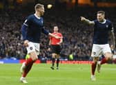 Scott McTominay celebrates making it 2-0 during a UEFA Euro 2024 Qualifier between Scotland and Cyprus at Hampden Park, on March 25, 2023, in Glasgow, Scotland. (Photo by Rob Casey / SNS Group)