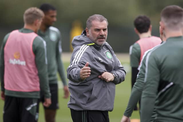 Celtic manager Ange Postecoglou makes a point during training  and maintains his team will need to be on-point for their hectic schedule of four games in 11 days that will see them face Rangers and Real Madrid. (Photo by Craig Williamson / SNS Group)
