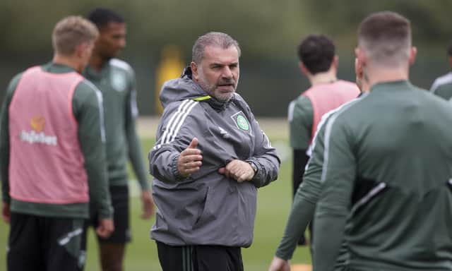 Celtic manager Ange Postecoglou makes a point during training  and maintains his team will need to be on-point for their hectic schedule of four games in 11 days that will see them face Rangers and Real Madrid. (Photo by Craig Williamson / SNS Group)