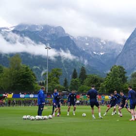 Scotland players warming up during a training session at Stadion am Groben at Garmisch-Partenkirchen, Germany. Pic: Andrew Milligan/PA Wire.