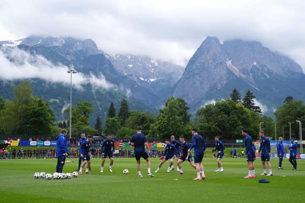 Scotland players warming up during a training session at Stadion am Groben at Garmisch-Partenkirchen, Germany. Pic: Andrew Milligan/PA Wire.