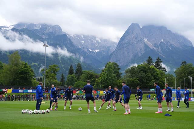 Scotland players warming up during a training session at Stadion am Groben at Garmisch-Partenkirchen, Germany. Pic: Andrew Milligan/PA Wire.