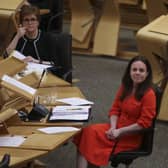 Finance secretary Kate Forbes reacts next to Nicola Sturgeon at Holyrood. Picture: Fraser Bremner - Pool/Getty Images