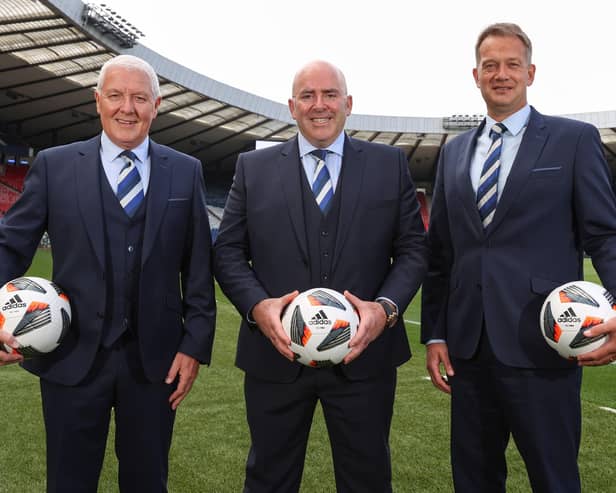 SFA vice president Les Gray, president Mike Mulraney and chief executive officer Ian Maxwell following the association's agm at Hampden yesterday. (Photo by Craig Williamson / SNS Group)