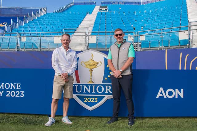 Luke Donald and Stephen Gallacher, Europe's Ryder Cup and Junior Ryder Cup captains respectively, pictured on the first tee at Marco Simone Golf Club in Rome. Picture: Getty Images