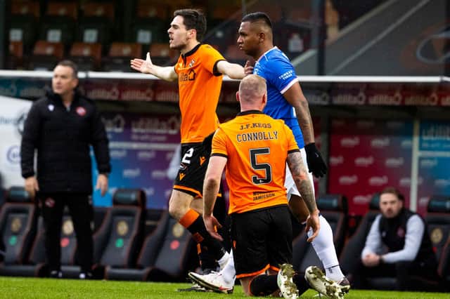 Mark Connolly is grounded, Liam Smith appeals and an angry Micky Mellon looks on after a challenge from Alfredo Morelos in Rangers' 2-1 win over Dundee United at Tannadice (Photo by Alan Harvey / SNS Group)