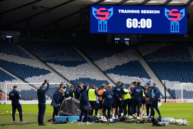 Faroe Islands training session at Hampden Stadium on March 30, 2021, in Glasgow, Scotland.  (Photo by Craig Williamson / SNS Group)
