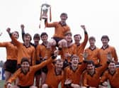 Dundee Utd captain Paul Hegarty is held aloft by Richard Gough (back row 4th right) after clinching the 1982/83 League Championship.