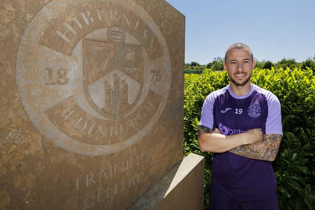 Hibs unveiled the signing of Adam Le Fondre at the Hibernian Training Centre earlier this month. (Photo by Mark Scates / SNS Group)