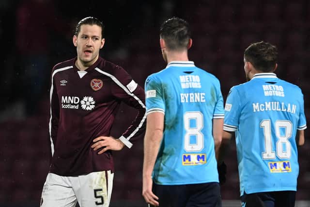 Hearts player Peter Haring (L) has words with Dundee's Paul McMullan (R) during a cinch Premiership match on Wednesday night.
