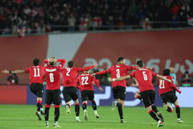 Georgia's players celebrate winning the UEFA EURO 2024 qualifying play-off final against Greece in Tblisi.
