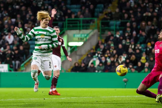 Hearts player call for offside as Kyogo Furuhashi puts the ball past Craig Gordon (Photo by Alan Harvey / SNS Group)