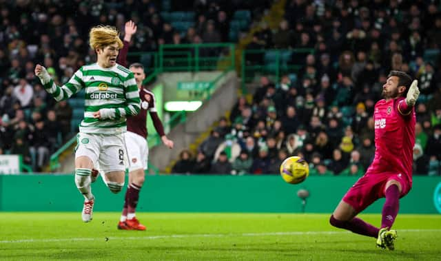 Hearts player call for offside as Kyogo Furuhashi puts the ball past Craig Gordon (Photo by Alan Harvey / SNS Group)