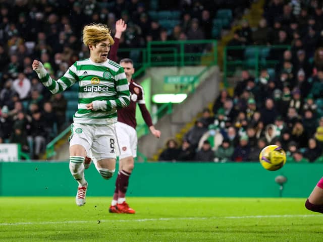 Hearts player call for offside as Kyogo Furuhashi puts the ball past Craig Gordon (Photo by Alan Harvey / SNS Group)