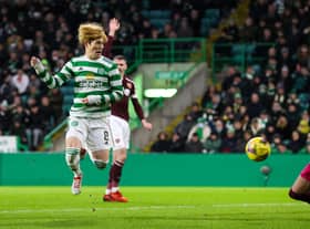 Hearts player call for offside as Kyogo Furuhashi puts the ball past Craig Gordon (Photo by Alan Harvey / SNS Group)