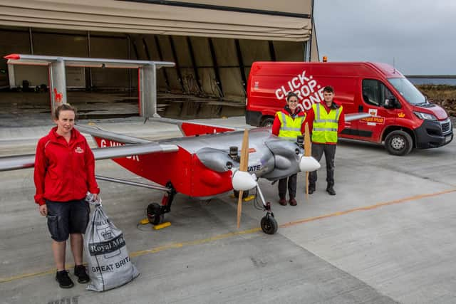 A drone which is being used to deliver post to a remote island in a Royal Mail trial as part of moves to reduce carbon emissions.