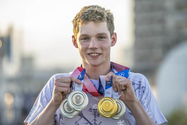 Duncan Scott in Tokyo with the four Olympic medals he won in the pool. Picture: Paul Grover/Shutterstock