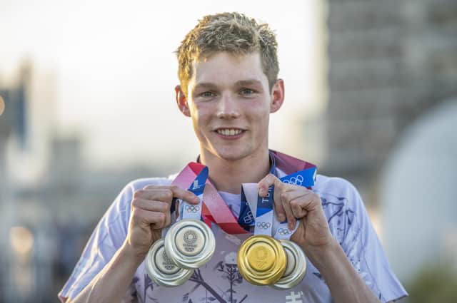 Duncan Scott in Tokyo with the four Olympic medals he won in the pool. Picture: Paul Grover/Shutterstock