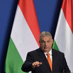Hungarian Prime Minister Viktor Orban gives his first international press conference after his FIDESZ party won the parliamentary election with a pledge to continue his "illiberal" revolution. (Photo by ATTILA KISBENEDEK/AFP via Getty Images).