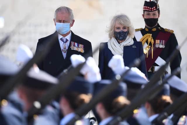 The Prince of Wales and the Duchess of Cornwall attending the Independence Day Military Parade in Syntagma Square, Athens.