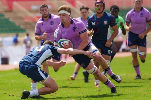 Scotland U20s back-row Jonny Smith carries the ball during the bonus point win over USA in the World Rugby Trophy Pool A match in Nairobi. Pic: Antony Munge/World Rugby