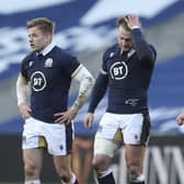 Scotland's Stuart Hogg, centre, reacts at the end of the Six Nations rugby union match between Scotland and Ireland at Murrayfield, Edinburgh, Scotland, Sunday, March 14, 2021. Ireland won the game 27-24. (Jane Barlow/Pool Via AP)