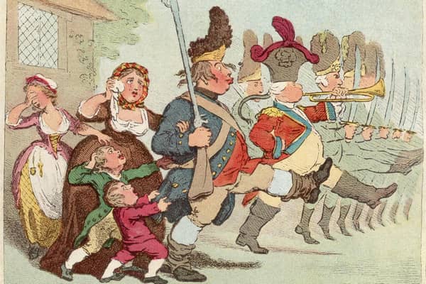 A satirical cartoon from around 1800 showing John Bull marching off to war (Image by James Gillray/Rischgitz/Getty Images)