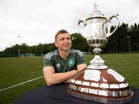 GLASGOW, SCOTLAND - JUNE 01: Alistair Johnston during a Celtic Scottish Cup photocall at Lennoxtown, on June 01, 2023, in Glasgow, Scotland. (Photo by Craig Williamson / SNS Group)