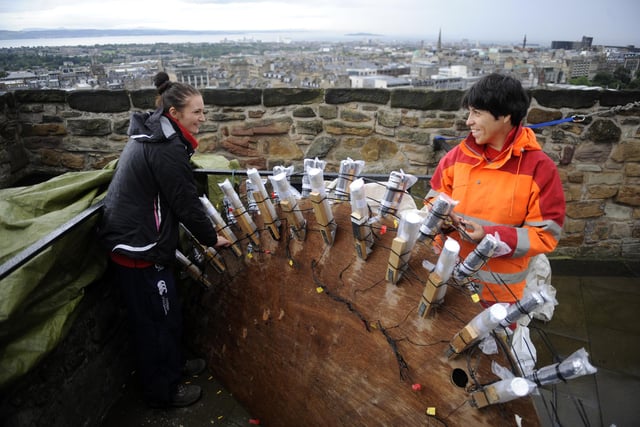 Pyrotechnicians Corrie Cairncross and Steph Arnott working on a section of fireworks for the 2012 event.