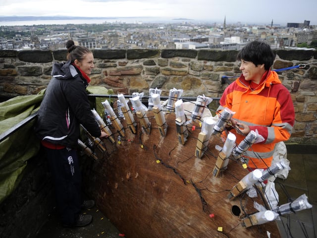 Pyrotechnicians Corrie Cairncross and Steph Arnott working on a section of fireworks for the 2012 event.