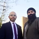Gurpreet Singh Johal meets with his constituency MP, Martin Docherty-Hughes, outside Abercrombie House in East Kilbride. Picture: John Devlin