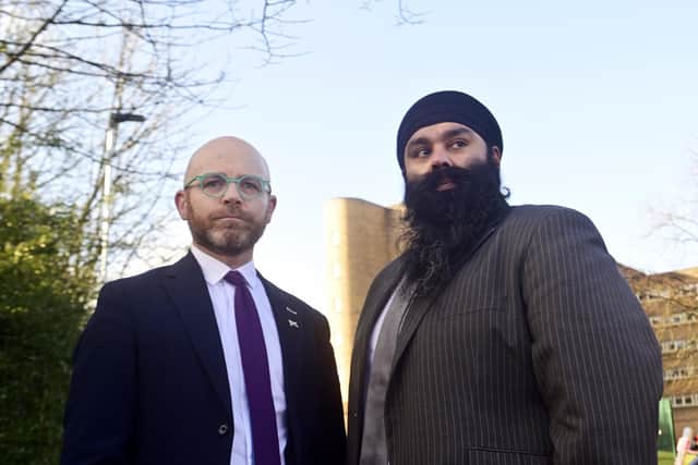 Gurpreet Singh Johal meets with his constituency MP, Martin Docherty-Hughes, outside Abercrombie House in East Kilbride. Picture: John Devlin