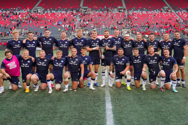 Scotland pose with the Douglas JL Horn Memorial Cup following the 73-12 over Canada. Five players who featured in the win are now leaving the tour. (Photo by Chris Tanouye/Getty Images for Scottish Rugby)