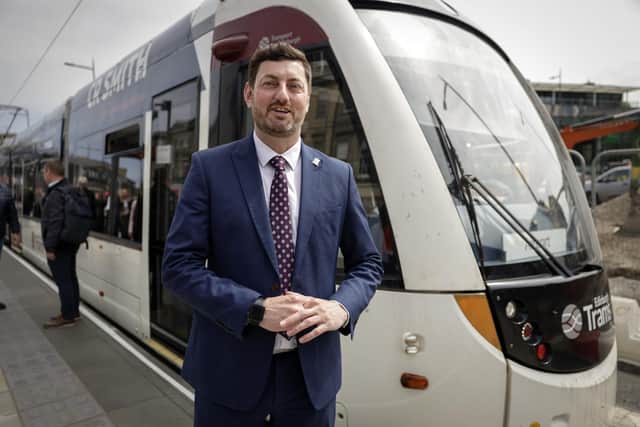 Edinburgh City Council leader Cammy Day before boarding a test tram to Newhaven at Picardy Place on Tuesday. Picture: Jeff J Mitchell/Getty Images