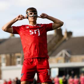 Dunfermline's Matthew Todd celebrates after scoring the winning penalty against Raith Rovers. (Photo by Craig Williamson / SNS Group)