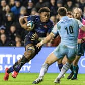 Edinburgh's Viliame Mata, left, on the attack in the 19-14 win over Glasgow Warriors in the BKT United Rugby Championship match at Murrayfield Stadium, on December 30, 2023. (Photo by Ross Parker / SNS Group)